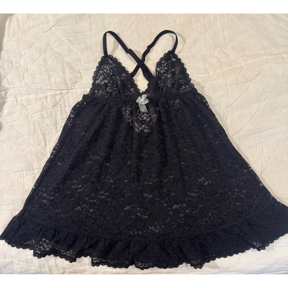Victoria's Secret Black Floral Lace Babydoll Ruffle Hem Chemise Medium